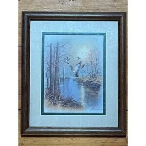 Flying Mallard Ducks Over River Andres Orpinas Framed Matted Art Print. Signed